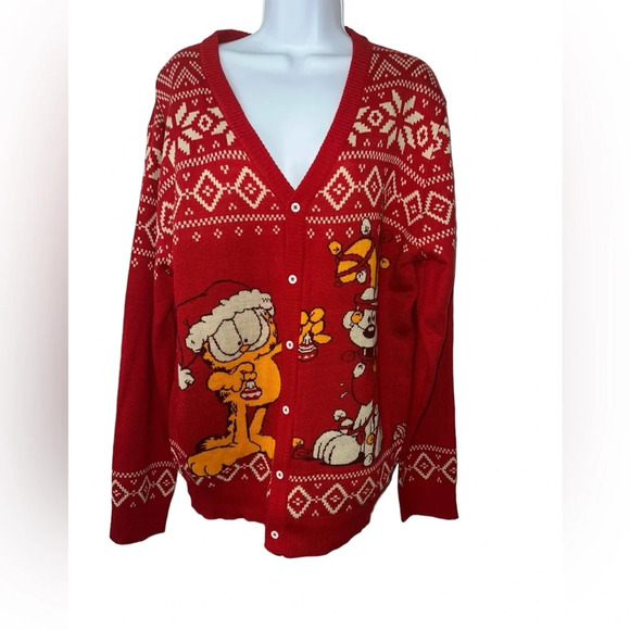 Garfield Ugly Christmas Sweater Cardigan  Odie Dog Cat Red Santa Holiday Sz Med - Picture 1 of 3